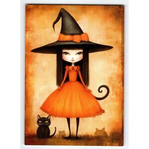 Vintage Halloween Witch Girl & Black Cat 5.5x4 Photochrome Postcard
